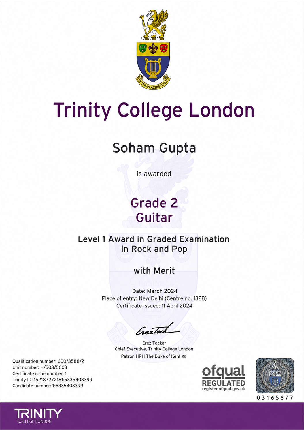 Grade 2 Rock and Pop Guitar with Merit, Trinity College London